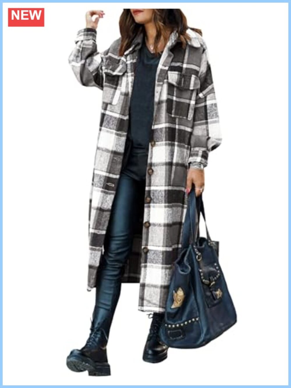 Oversized Plaid Shacket Button Down Long Shirt Jacket Flannel